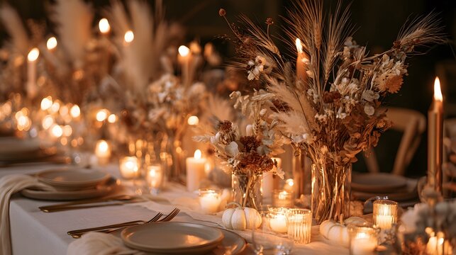 Cozy autumn table centerpiece with dried grasses, flowers, candles, and small white pumpkins for a wedding event