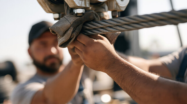 Close up of calloused hands threading galvanized steel aircraft cable through a rigging block overhead, industrial work gloves folded back at the wrist as a stage rigger