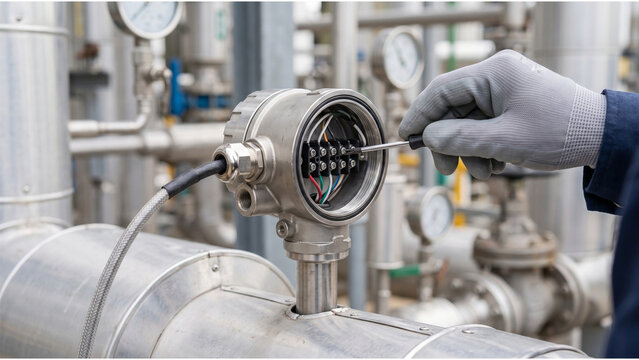 Maintenance technician wiring temperature transmitter on process pipe inside industrial plant