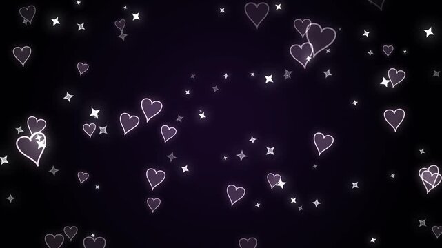 Glowing Hand Drawn Heart Particles Floating with Twinkling Star Elements on Dark Purple Background