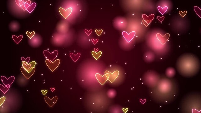 Glowing neon hearts floating on a dark red background with romantic bokeh lights animation loop