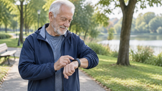 Senior man checks his fitness tracker while walking outdoors in a green park