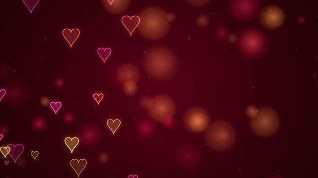 Glowing Neon Hearts Floating on Deep Red Background with Romantic Warm Bokeh Lights Loop Animation