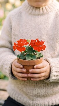 Child Holding Pot of White Chamomile Daisy Flowers Garden Outdoor