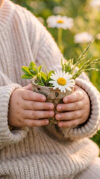 Hands Holding Potted White Daisy Flower in Wildflower Meadow Background