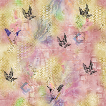 Abstract blue seamless textile pattern featuring delicate botanical branches, soft watercolor-style backgrounds, geometric patchwork motifs, floral shapes, and layered brushstroke elements. Suitable f