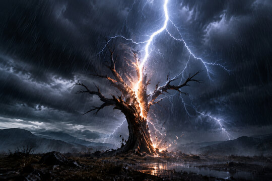 A solitary dead tree struck by lightning in a stormy landscape.