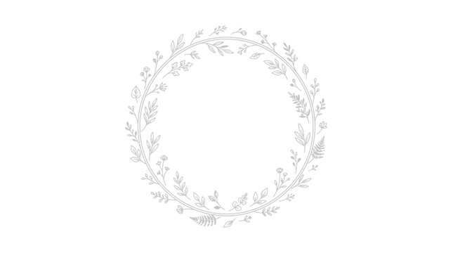 Elegant hand-drawn circular botanical wreath illustration with delicate leaves and berries on a white background.