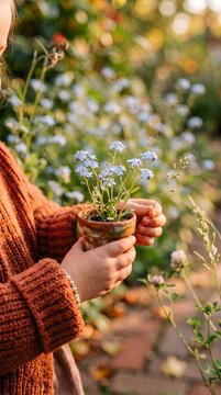 Child Hands Holding Small Pot with Light Blue Nemophila Flowers Garden