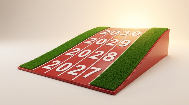 Running track with years from twenty twenty seven to twenty thirty printed in white on red lanes