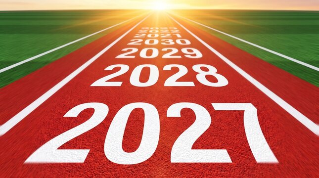 Running track marked with upcoming years from 2027 to 2033 under bright golden sunset glowing on horizon