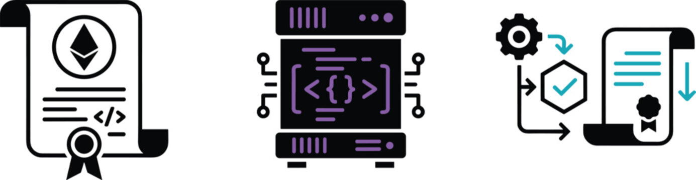 Set of smart contract and blockchain technology icons featuring ethereum symbol, code development, and automated verification process
