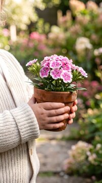 Child Holding Pot of Pink Dianthus Carnation Flowers Outdoor Garden