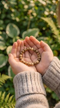 Open Hands Holding Natural Wooden Bead Bracelet Mindfulness Concept