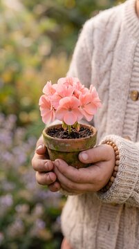 Child Holding Clay Pot of Pink Geranium Flowers Sunlit Garden Setting