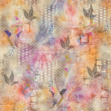 Abstract blue seamless textile pattern featuring delicate botanical branches, soft watercolor-style backgrounds, geometric patchwork motifs, floral shapes, and layered brushstroke elements. Suitable f