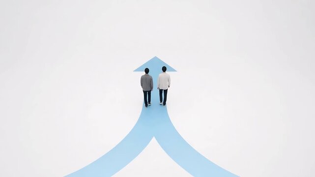 Two Business Professionals Standing at a Blue Arrow Split on a White Background
