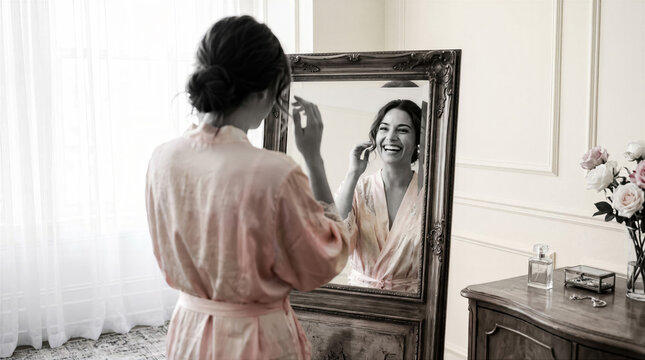Smiling Hispanic adult woman in silk robe looking at herself in vintage mirror, concept of beauty, self acceptance, and routine.