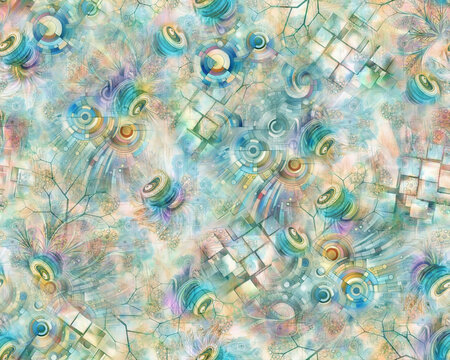 Abstract blue seamless textile pattern featuring delicate botanical branches, soft watercolor-style backgrounds, geometric patchwork motifs, floral shapes, and layered brushstroke elements. Suitable f