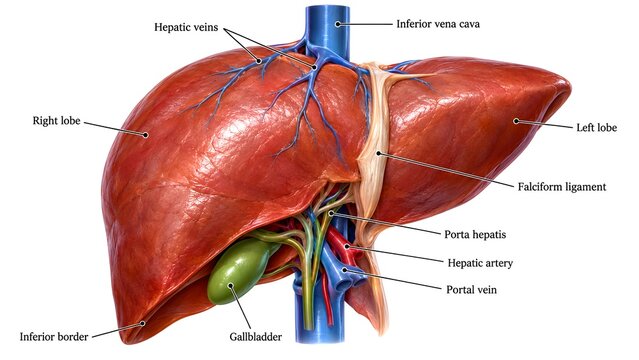 Detailed medical illustration of the human liver showing anatomical structures including lobes, blood vessels, veins, and gallbladder