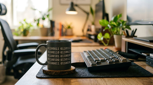 A binary code coffee mug sits on a desk next to a mechanical keyboard