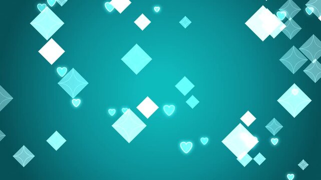 Glowing Teal Blue Abstract Motion Background With Floating Diamonds And Neon Hearts Video Loop