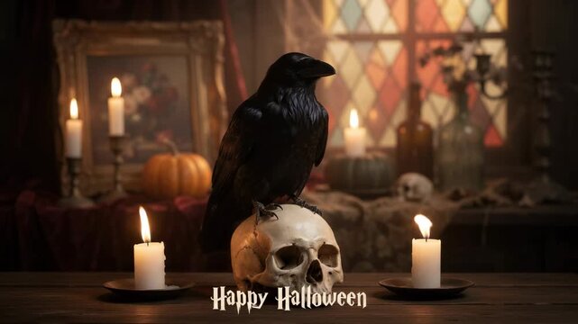 Black raven perches on human skull during halloween celebration, glowing candles illuminate creepy gothic room with pumpkin, mystery atmosphere creates haunting seasonal display.