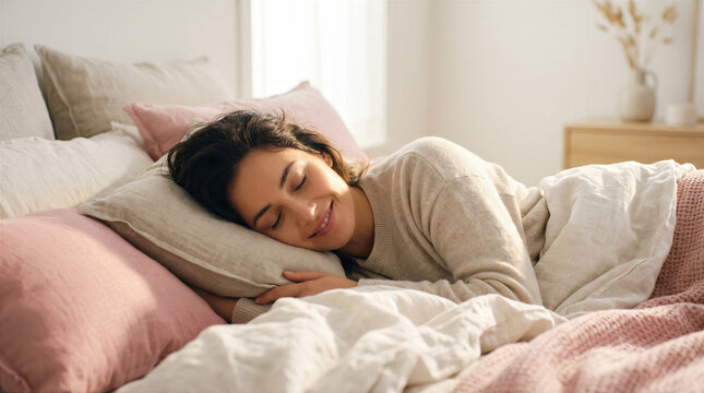 Smiling Hispanic adult woman sleeping peacefully on soft bed pillows, concept of morning rest, relaxation, and healthy sleep routine.