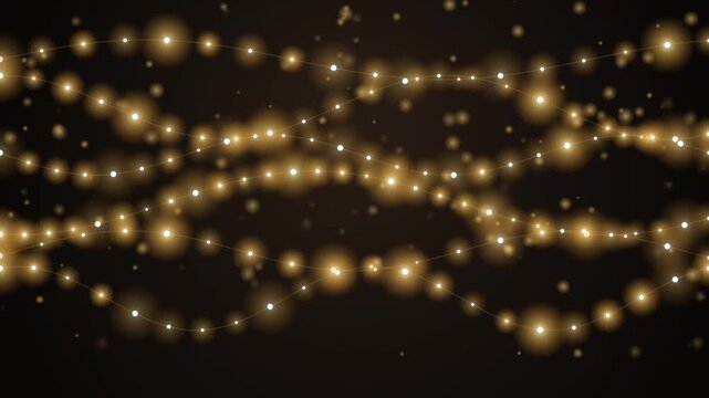 Golden glowing fairy lights twinkle and shimmer on dark background festive warm illumination for cele