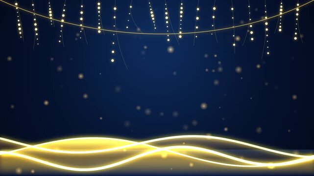 Elegant festive hanging fairy lights with glowing golden wave lines on a dark blue background loop