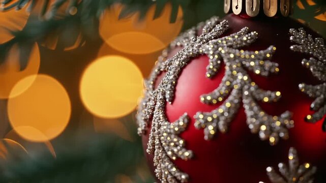 Nostalgisches rotes Glasornament an frostigem Tannenzweig