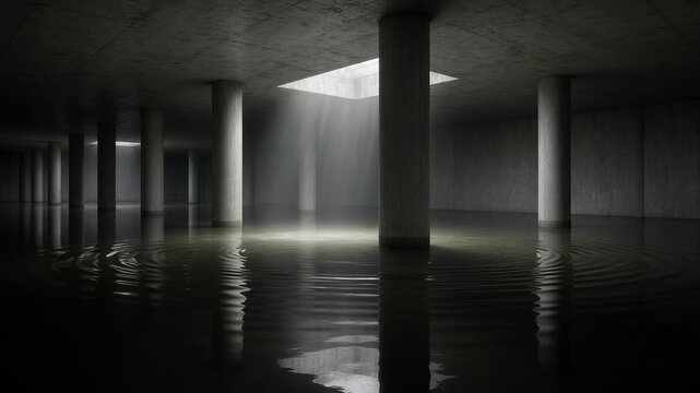 Underground water cistern with concrete columns and sunbeams