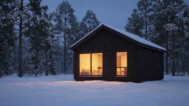 Warmly lit wooden cabin in a snowy forest at twilight