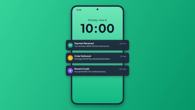 Smartphone Push Notifications. Mobile Lock Screen Alerts. Payment And Delivery Messages. Modern App UI. Green Screen Mockup. Digital Notification Interface. Animated Mobile Graphic