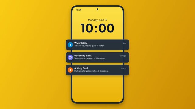 Smartphone Push Notification. Mobile Reminder Alert. Yellow Lock Screen UI. Daily Schedule Notification. Modern App Interface. Minimal Mobile Mockup. Animated Notification Graphic