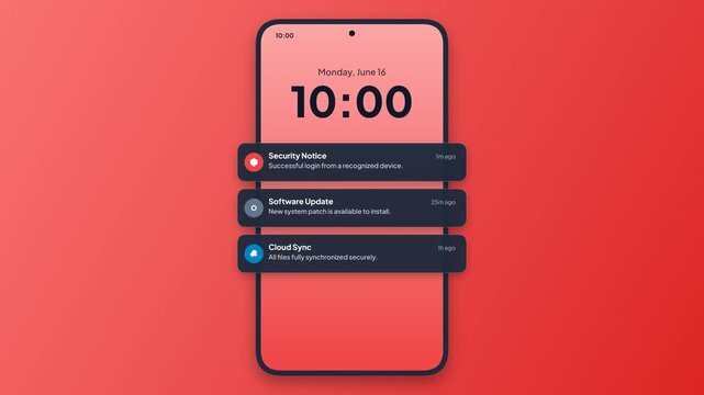 Smartphone Security Notifications. Mobile Lock Screen Alert. Cybersecurity Warning Interface. Digital Device Protection. Red Gradient Background. Modern Mobile UI. Animated Security Graphic