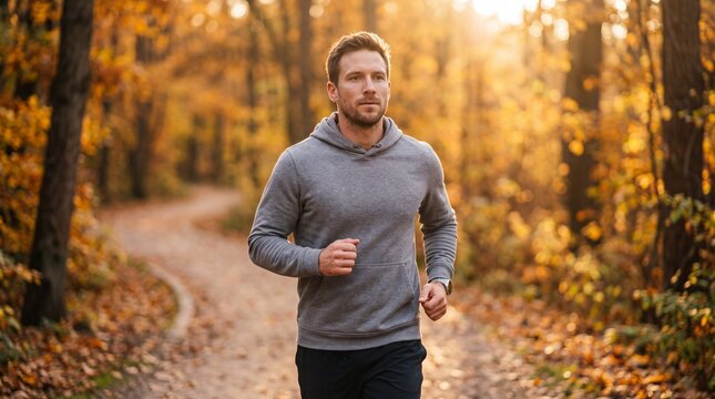 Athletic caucasian man jogging along a trail in the autumn forest during outdoor exercise. Male runner maintaining healthy lifestyle and endurance training on a path in the woods.