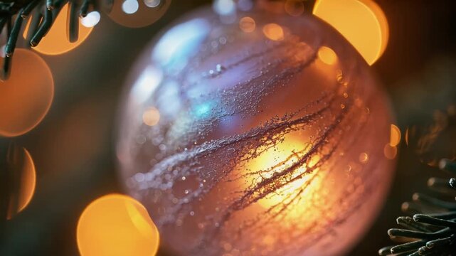Irisierendes Glasornament an dunklem Tannenzweig