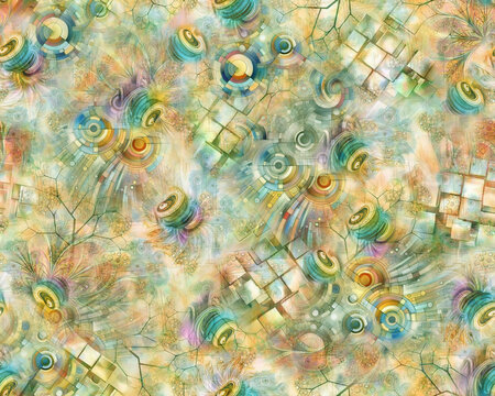 Abstract blue seamless textile pattern featuring delicate botanical branches, soft watercolor-style backgrounds, geometric patchwork motifs, floral shapes, and layered brushstroke elements. Suitable f