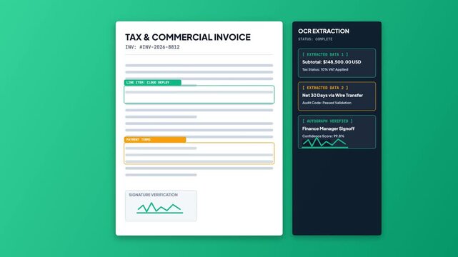 Automated OCR Invoice Extraction. Tax Invoice Data Scanning. Commercial Document Processing. Invoice Verification Dashboard. Finance Document Audit. Automated OCR Software. Green Screen UI
