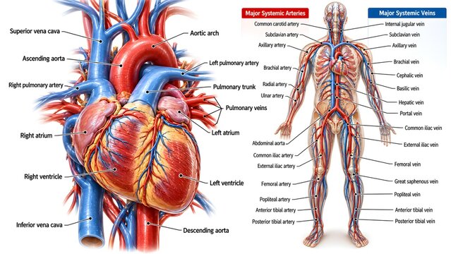 Detailed anatomical illustration showcasing the human heart structure and full circulatory system with key blood vessels and pathways