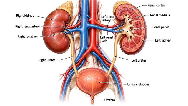 Detailed anatomical medical illustration showing the human urinary system with labeled internal organs including kidneys, ureters, and bladder