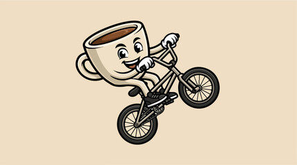 Obraz premium Coffee cup mascot jumping high on a BMX bicycle stunt.