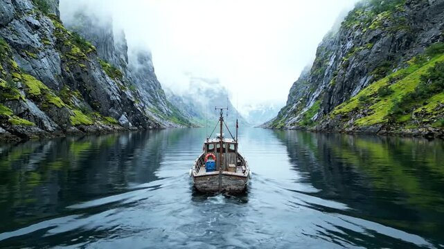 Fishing boat sails through a serene, misty fjord on a calm day, evoking tranquility and nature