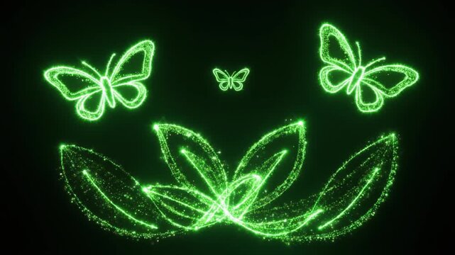 Glowing green particle streams forming organic leaf-like shapes, representing biodiversity protection and ecosystem balance for ESG environmental and nature conservation media.