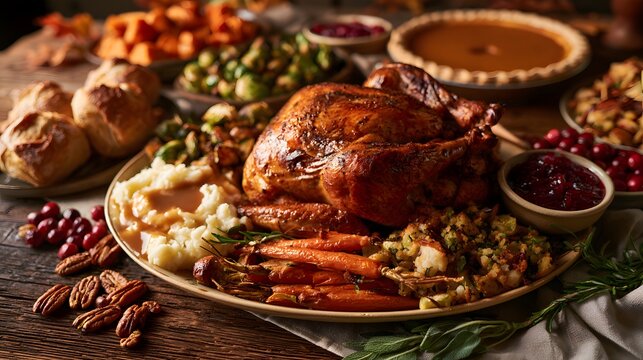 Classic thanksgiving table setting with roasted turkey, mashed potatoes, stuffing, and seasonal side dishes