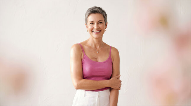 Smiling Caucasian adult woman in pink tank top showing mastectomy scar indoors, cancer survivor body positivity concept