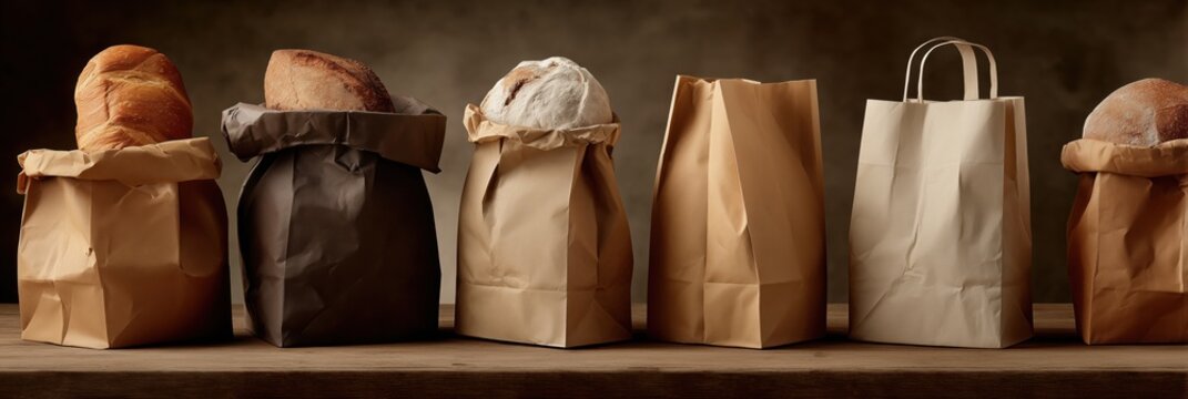A variety of bread in paper bags on a wooden shelf.