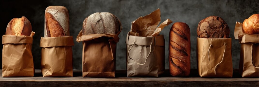 A variety of bread in paper bags on a wooden shelf.