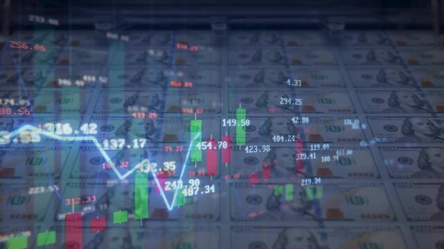 Uncut sheets of one hundred US dollar bills on a printing press with a glowing blue line graph and candlestick chart, representing monetary policy, inflation, and financial markets.